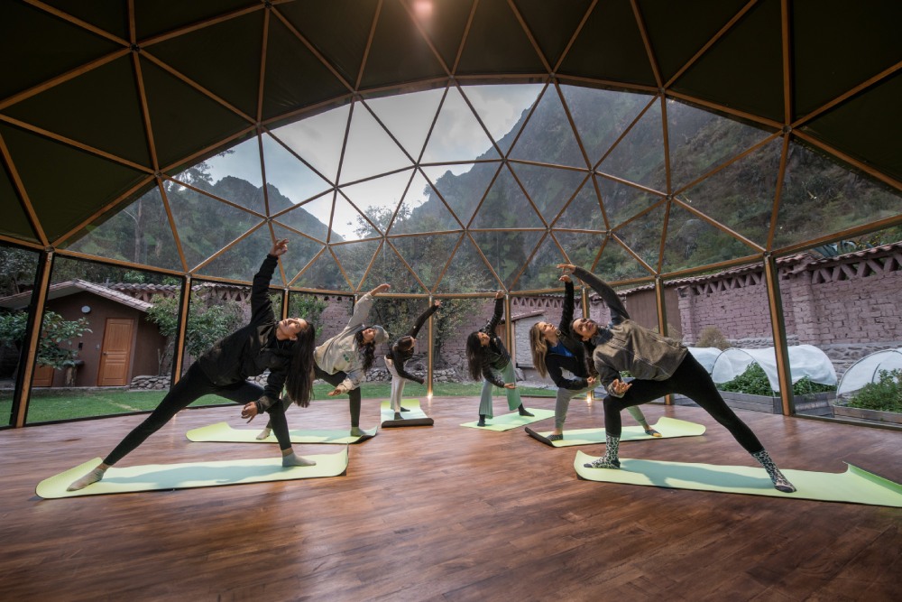 Yoga lesson at geodesic dome Las Qolqas