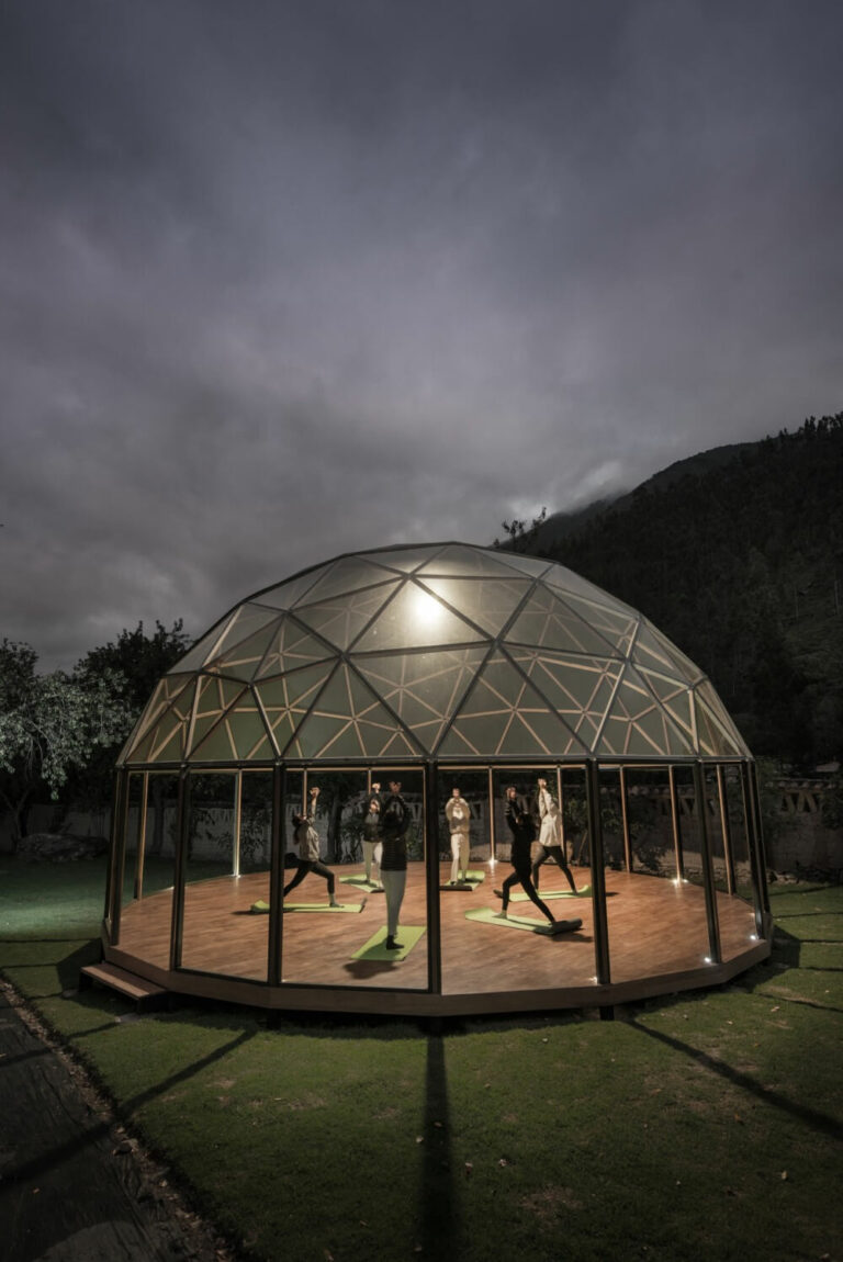 Geodesic dome at night at eco lodge las Qolqas