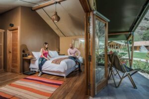 Twin Tent couple in bedroom next to the terrace